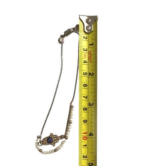 WOMENS ADJUSTABLE BRACELET WITH PEARLS AND EVIL EYE/HAND CHARM - Picture 3 of 3